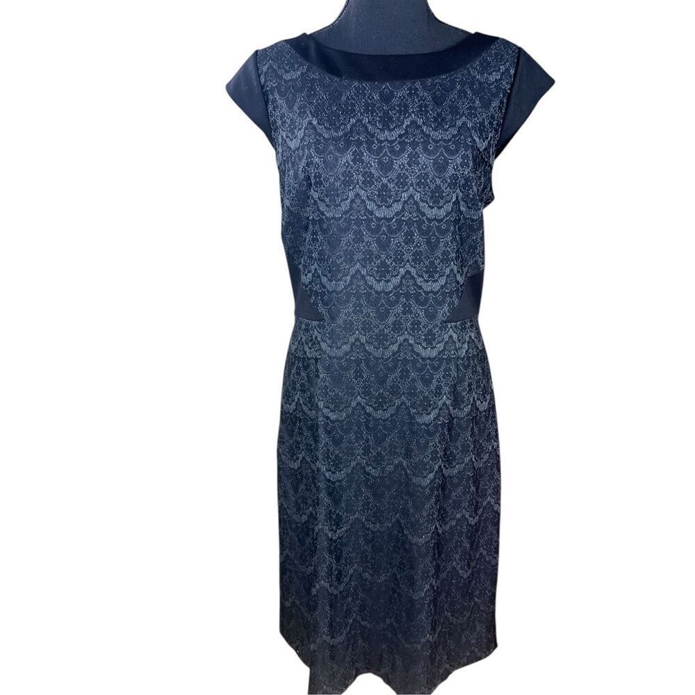 Tahari Arthur S Levine 10 Black Lace lined Cap Sleeves sheath slimming dress
